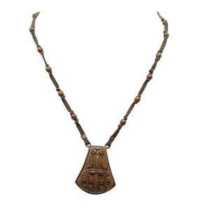 Vintage Monet Brown Beaded Necklace With Intricately Carved Pendant & Adjustable